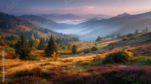 Sunrise over mountain meadow, autumnal colors, fog in valley, peaceful landscape, nature scene.