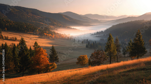 Sunrise over mountain meadow, autumnal colors, fog in valley, peaceful landscape, nature scene.