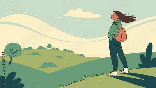 A woman with a backpack stands on a hill overlooking a landscape with trees and a cloudy sky above her