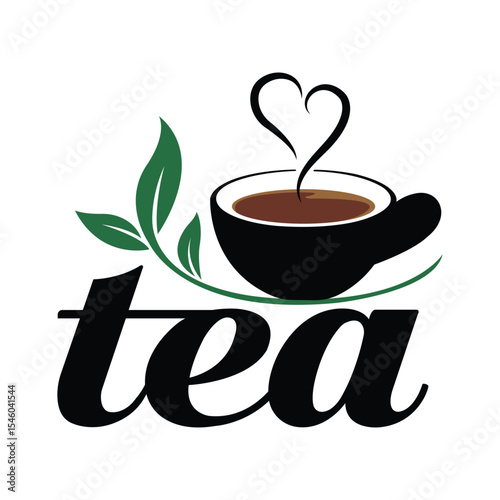 Heart Steam Tea Cup Logo with Green Leaves and tea Text Beverage Branding