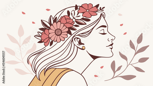 Illustration of a woman in profile with flowers in her hair and leaves surrounding her on a cream background