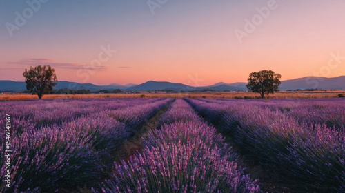 Sunset Over Lavender Field with Clear Sky.