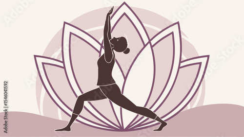 Silhouette of a woman in warrior one pose with arms raised against a lotus flower background design art