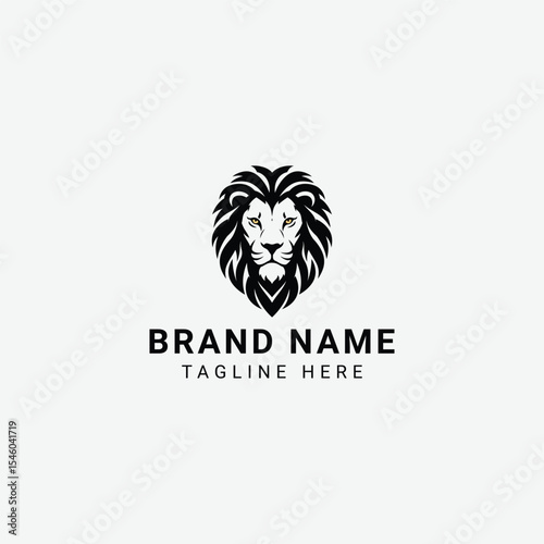 Stylized black lion head graphic with bold lines and heart-shaped halo. Symbolic, minimalist design that conveys power, royalty, and strength in frontal symmetry.