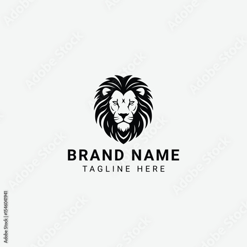 Stylized black lion head graphic with bold lines and heart-shaped halo. Symbolic, minimalist design that conveys power, royalty, and strength in frontal symmetry.
