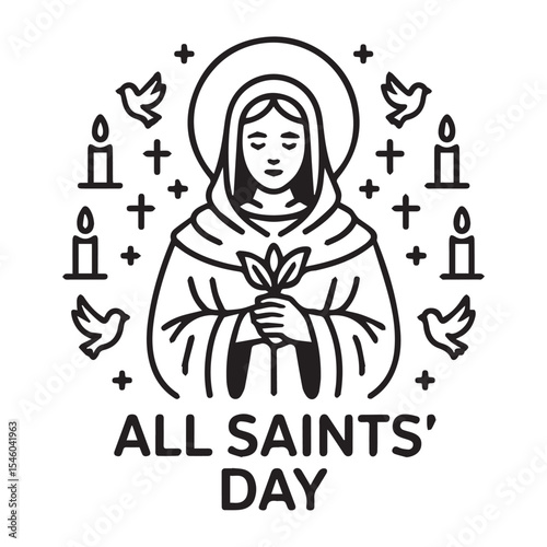 All Saints' Day Outline Illustration of Female Saint with Lily, Candles, and Doves

