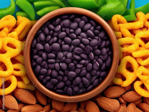 Colorful assortment of healthy snacks featuring purple beans in a wooden bowl surrounded by crunchy snacks and vibrant green peppers creating an appealing visual feast for nutritious eating