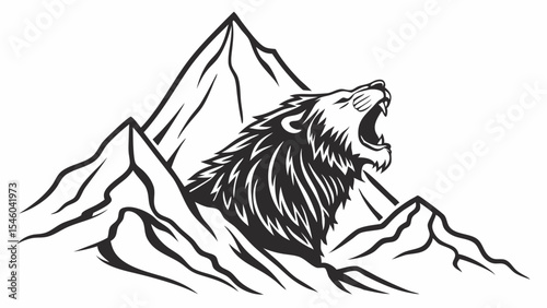 Illustration of a roaring lion head emerging from a mountain range with jagged peaks in a monochrome style