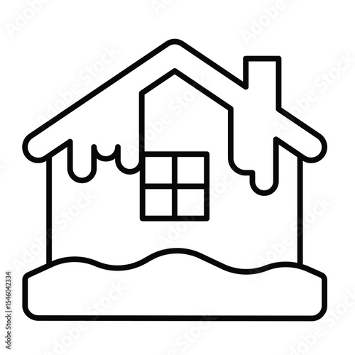 Icy frozen house thin line icon, merry christmas concept. Vector graphics. Cottage building with snow and icicles sign on white background, style mobile or design.