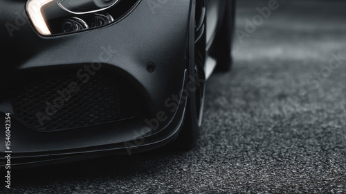 Textured close-up of a matte black sportscar splitter against asphalt.