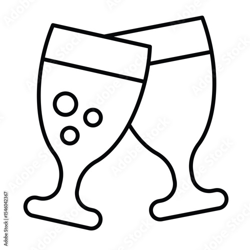 Glasses of champagne drink thin line icon, happy christmas concept. Vector graphics. Champagne glasses clink sign on white background, style mobile or design.