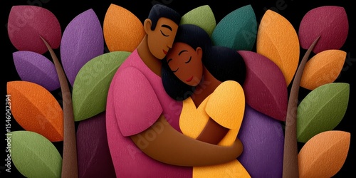 Embracing warmth and connection between diverse couples in a colorful setting enriched by vibrant foliage and infused with deep emotional resonance fostering companionship and unity