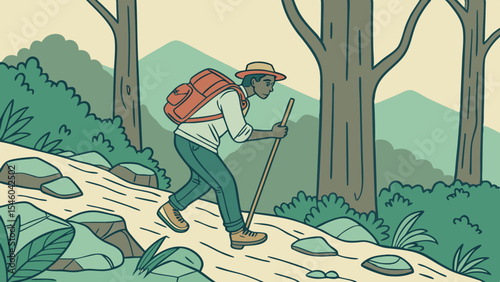 A man hiking uphill with a backpack and walking stick through a forest with trees and bushes around him