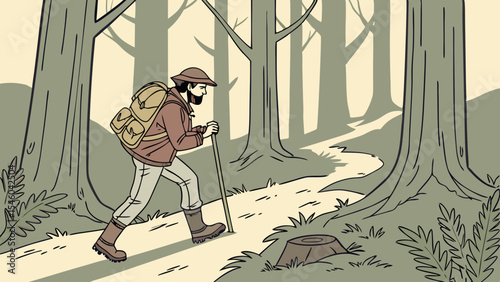 A man with a beard hiking in the woods with a backpack and walking stick on a winding path between trees