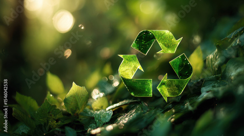 This image features a glass recycle symbol nestled among vibrant green leaves with a beautiful sunlit bokeh background, emphasizing eco-friendliness and nature conservation.