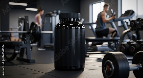 Black supplement container with gym workout equipment in background