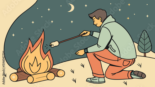 Man roasting marshmallow over campfire beneath starry night sky with crescent moon and tree silhouette