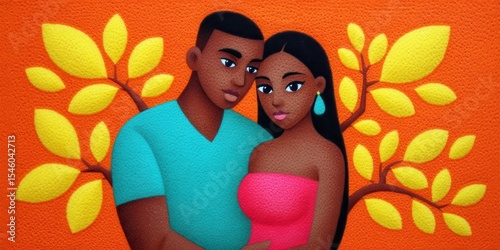 A modern couple embracing each other against a vibrant orange backdrop adorned with yellow leaves creating a warm atmosphere conveying love and connection in a stunning illustration