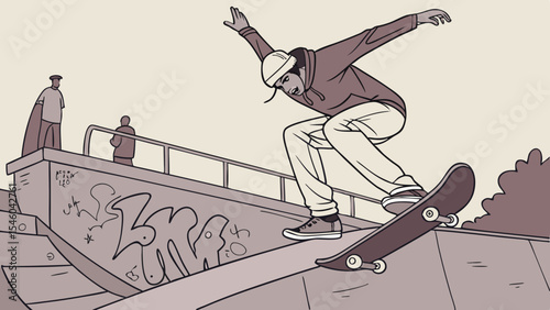 A skateboarder performing a trick on a ramp with onlookers in a skatepark with graffiti art visible