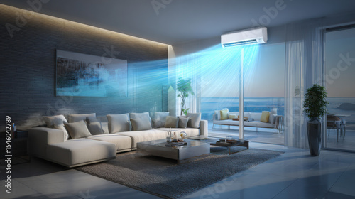 This image showcases a bright lounge area, complete with an air conditioning unit, emphasizing soothing airflow illustrated artistically in a contemporary setting.