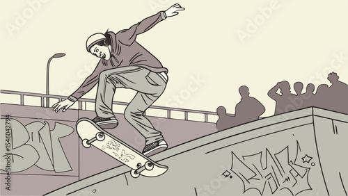 A skateboarder performs a trick on a ramp with graffiti while a crowd watches from above and a lamp post stands