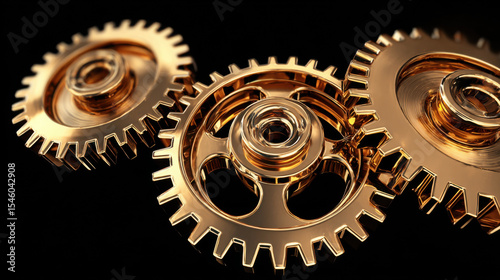Three Interlocking Gold Gears with Shiny Finish on Black Background.