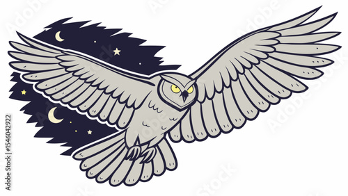 Illustration of a flying owl with spread wings against a night sky with stars and crescent moons design