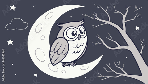 Owl perched on a crescent moon with stars cloud and tree branches in a night sky illustration