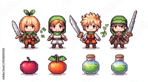 Pixelated cartoon characters and items from a role playing game on a white background.

