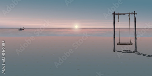 Silhouette wooden swing on the beach at sunset have a fishing boat in the sea graphic illustration.