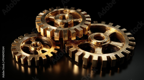 Three Interlocking Gold Gears with Shiny Finish on Black Background.