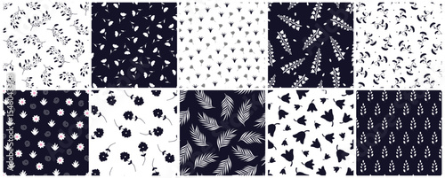 Collection of vector elegant floral seamless patterns. Drawing repeatable spring nature beautiful fabric backgrounds with branches, leaves and flowers. Blue and white design. Textile endless prints