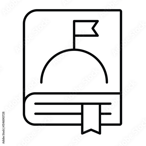 Space encyclopedia book thin line icon, cosmos concept. Vector graphics. Knowledge book with planet surface and flag sign on white background, style mobile or design.