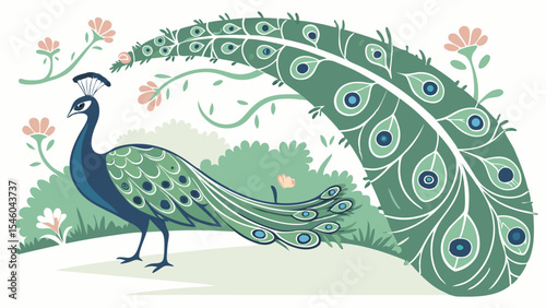 Illustration of a peacock with elaborate tail feathers surrounded by flowers and greenery in a garden