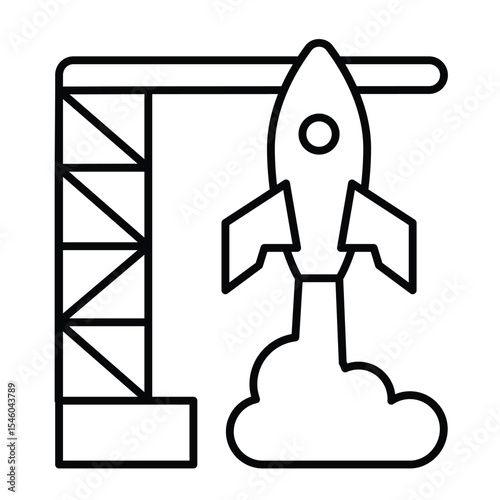 Rocket launch thin line icon, cosmos concept. Vector graphics. Orbital space rocket, spaceship flight start sign on white background, style mobile or design.