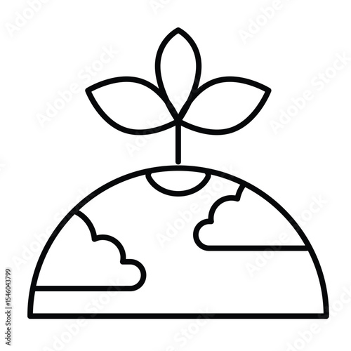 Planet with clouds and leaf plant thin line icon, cosmos concept. Vector graphics. Inhabited planet with leaves, ecology sign on white background, style mobile or design.