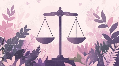Justice Symbol with Scales Surrounded by Pink Floral Elements