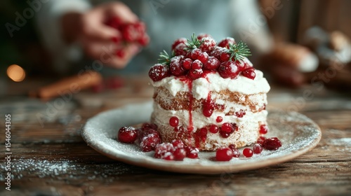 The delightful dessert features a richly layered cake adorned with vibrant red berries and a drizzle of syrup, inviting anyone to indulge in its sweet and decadent flavors.
