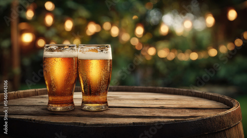 Two glasses of beer on a wooden barrel outdoors, illuminated by warm lights.