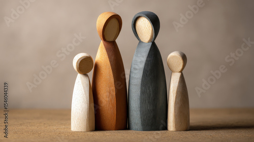 top view of wooden figure of mother with children, demographics concept, abstract.