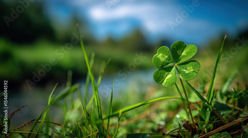 vibrant four-leaf clover growing in a lush green meadow.