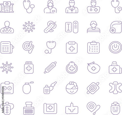 Collection of medical icons including doctors stethoscopes and various health related symbols outlined