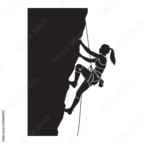 Intent lady climbing fully committed to reaching the top - lady climbing silhouette - lady climbing Vector - Silhouette of lady climbing
