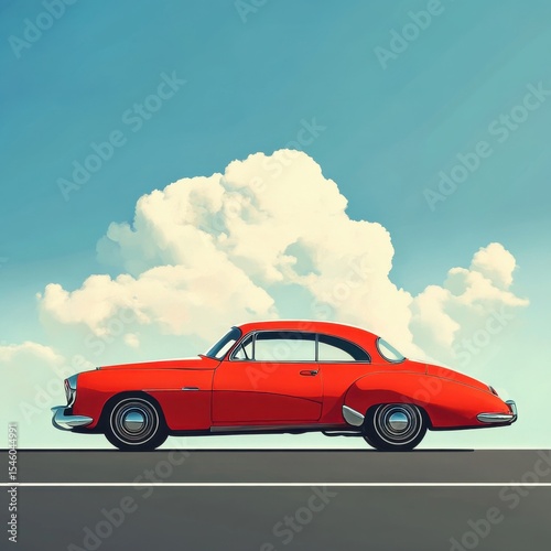 Classic Red Car on Open Road with Blue Sky and White Clouds