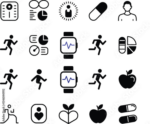 Collection of health and fitness icons including running, diet, and medical elements in black and white