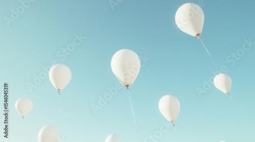 Decorative White Balloons Floating in Open Sky with Clean Minimal Aesthetic and Negative Space