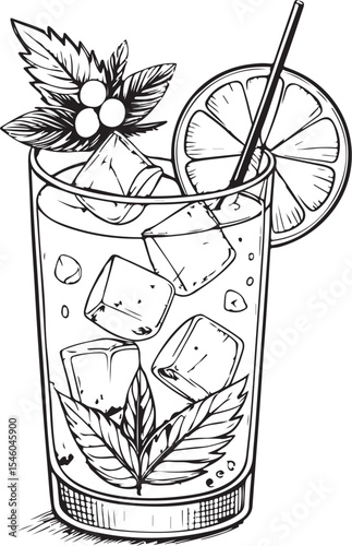 Mai tai cocktail Vector Illustration, Sketch Drawing Line Linear Symbol Icon Engraving Coloring Book, Hand-drawn Black and White Isolated