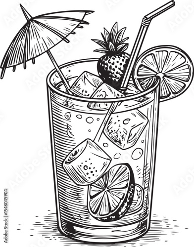 Mai tai cocktail Vector Illustration, Sketch Drawing Line Linear Symbol Icon Engraving Coloring Book, Hand-drawn Black and White Isolated