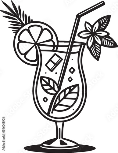 Mai tai cocktail Vector Illustration, Sketch Drawing Line Linear Symbol Icon Engraving Coloring Book, Hand-drawn Black and White Isolated