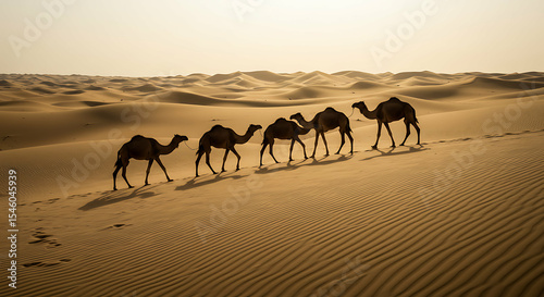 Camels traversing across the vast desert landscape at the golden hour sunshine